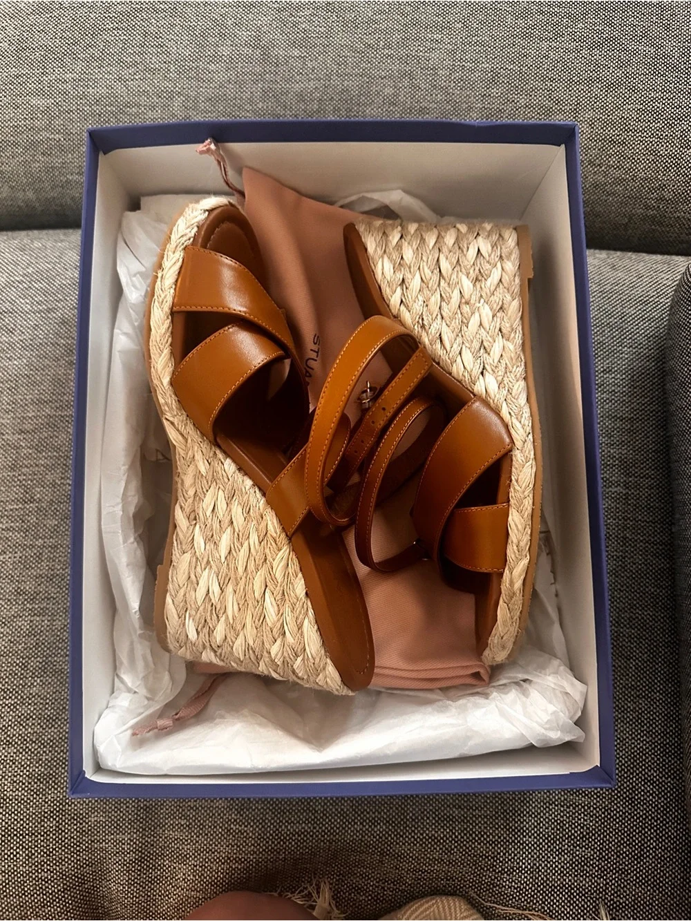 Stuart Weitzman Tan Leather Crisscross Wedge Sandals